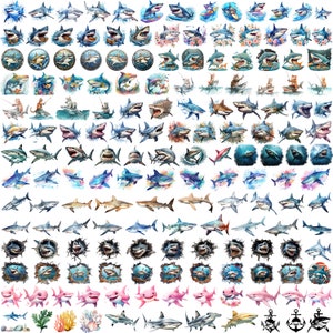 Más de 300 archivos PNG de tiburones, megapaquetes de diseños, imágenes prediseñadas de tiburones en acuarela, sublimación, especies de tiburones que salen del agua del océano, lindo tiburón bebé