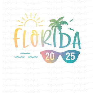 Florida 2025 PNG – Pastel Retro Summer Design with Sunglasses, Palm Tree & Sun for Sublimation, Vacation Shirts, Travel Crafts