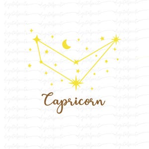 Capricorn Zodiac PNG – Golden Star Constellation with Moon & Script Text for Astrology Sublimation, Stickers, Wall Art, Celestial Crafts