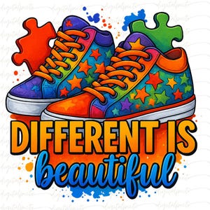 Different is Beautiful PNG – Colorful Autism Awareness Shoes Sublimation, Star Puzzle Clipart, Inclusive Digital Design