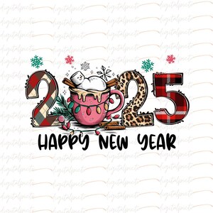 Gelukkig nieuwjaar 2025, png-bestand, nieuwjaarsmok met marshmallows en kaneel, digitale download voor vakantiecadeaus, kaarten en ambachten