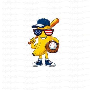 Patriotic Baseball Banana PNG – USA Flag Sunglasses & Bat Cartoon Fruit Clipart for 4th of July, Sports, Sublimation, Funny Designs