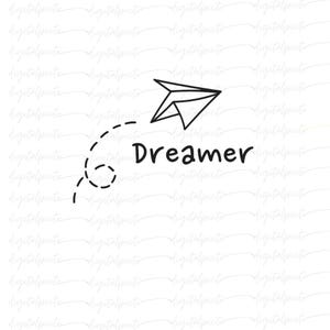 Dreamer PNG – Minimalist Paper Plane Line Art with Handwritten Text for Inspirational Sublimation, Journals, Wall Art & Gifts