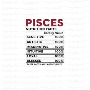 Pisces Nutrition Facts PNG – Funny Zodiac Label Design with Traits & 100% Values for Sublimation, Stickers, Shirts, Astrology-Themed Gifts