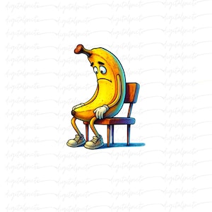 Sad Banana PNG – Emotional Cartoon Fruit Sitting on Chair with Downcast Eyes for Mental Health, Mood Designs & Sublimation Projects