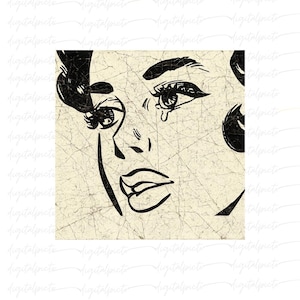 Schwarzweiße weinende Frau PNG - Retro Pop Art tränenreiche Gesichtsillustration für minimalistische, Comic- und alternative Sublimationsdesigns