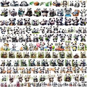 Paquete de más de 300 diseños de pandas adorables PNG Clipart de acuarela Decoraciones para baby shower Oso devorador de bambú Gráficos Ilustración