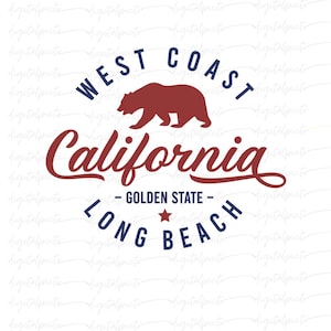 California Long Beach PNG – Vintage West Coast Bear Logo with Script & Bold Text for Sublimation, Shirts, Stickers, State Pride Crafts