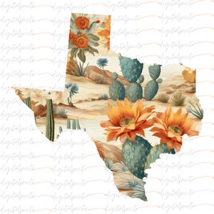 Cactus del desierto de Texas con flores PNG, arte de sublimación del mapa del estado