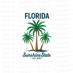 Florida Palm Trees PNG – Tropical Sunshine State Design with “Est. 1845” Text for Sublimation, Summer Shirts & Vacation Crafts