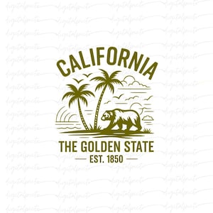 California PNG – Vintage Golden State Design with Bear, Palms & Sunset in Retro Gold for Sublimation Shirts, Stickers, Decor