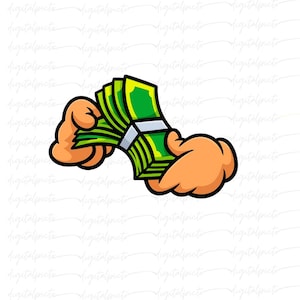Money Hand-Off PNG – Cartoon Hands Holding Green Cash Stack for Sublimation, Hustle Merch, Streetwear & Digital Sticker Packs