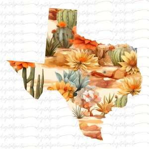 Mapa floral de cactus dorados de Texas PNG para sublimación y manualidades