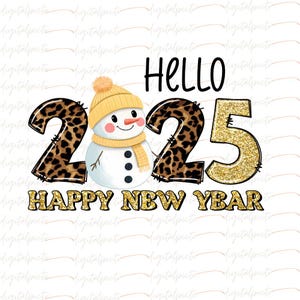 2025 Happy New Year sneeuwpop, schattige sneeuwpop met luipaardsuikergoed, png, digitale download voor vakantiecadeaus, kaarten en ambachten