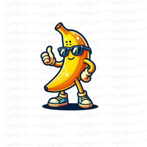 Cool Banana Character PNG – Funky Cartoon Banana with Sneakers & Sunglasses for Sublimation, Funny Summer Shirts, Kid Crafts (Transparent)