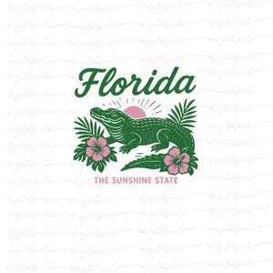 Florida Gator PNG – Retro Green Alligator with Pink Flowers for Sublimation, Sunshine State Gifts, Vacation Shirts & Southern Crafts