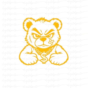 Gangsta Bear PNG – Fierce Yellow Dollar Chain Bear Graphic with Attitude for Streetwear, Hustle Merch & Urban Sublimation Designs