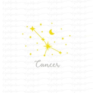 Cancer Zodiac PNG – Golden Star Constellation with Crescent Moon & Gray Script for Astrology Sublimation, Stickers, Prints, Celestial Decor