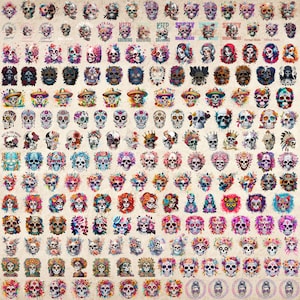 Paquete de más de 350 diseños PNG de calaveras de azúcar, imágenes prediseñadas de calaveras florales, Día de los Muertos, ilustraciones de calaveras de azúcar de Halloween mexicanas