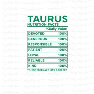 Taurus Nutrition Facts PNG – Funny Green Zodiac Label with Traits & 100% Values for Sublimation, Stickers, Shirts, Astrology Gifts