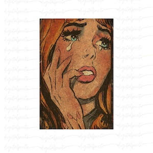 Vintage weinendes Mädchen PNG - Retro Pop Art tränenreiche Frau Illustration für Alternative, Emo, und Comic-Stil Sublimation & Print Designs