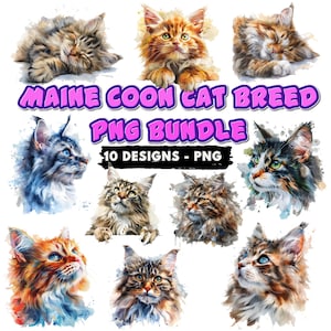 10 Maine Coon Cat Breed PNG Files Bundle Watercolor Peeking Laying Cat Clipart Sublimation Designs Shabby Chic Maine Coon Commercial Use