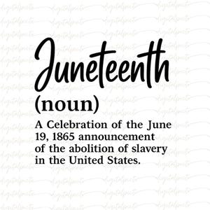 May include: A white background with black text. The word "Juneteenth" is written in a cursive font, followed by "(noun)" and a definition: "A Celebration of the June 19, 1865 announcement of the abolition of slavery in the United States."