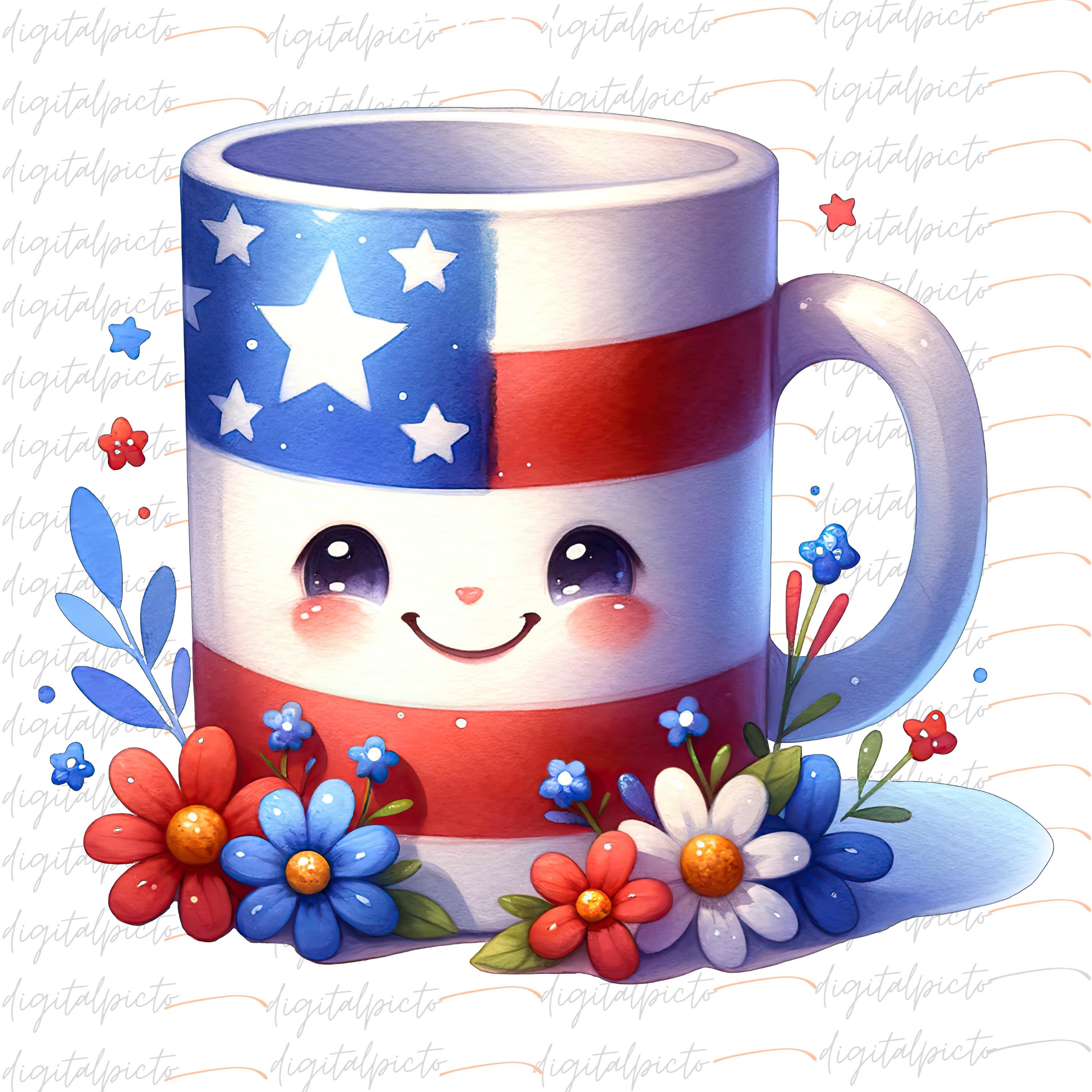 Kawaii Patriotic Mug PNG, Smiling USA Coffee Cup Clipart, Independence Day Sublimation Design