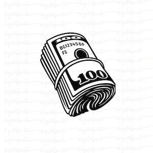 Money Stack PNG – Black Outline of 100 dollar Bill Roll for Sublimation, Hustle Decor, Streetwear Graphics, and Cash-Inspired Crafts