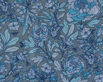 Mustard Beetle for Birch Fabrics, Bountiful, Peonies Tonal Blue