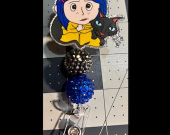 Blue Hair girl and Cat Badge Reel