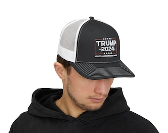 Trump 2024 Make America Great Again Snapback Trucker Cap, MAGA Campaign Hat, Patriotic Mesh Back Hat, Adjustable Snap Closure Cap, Political