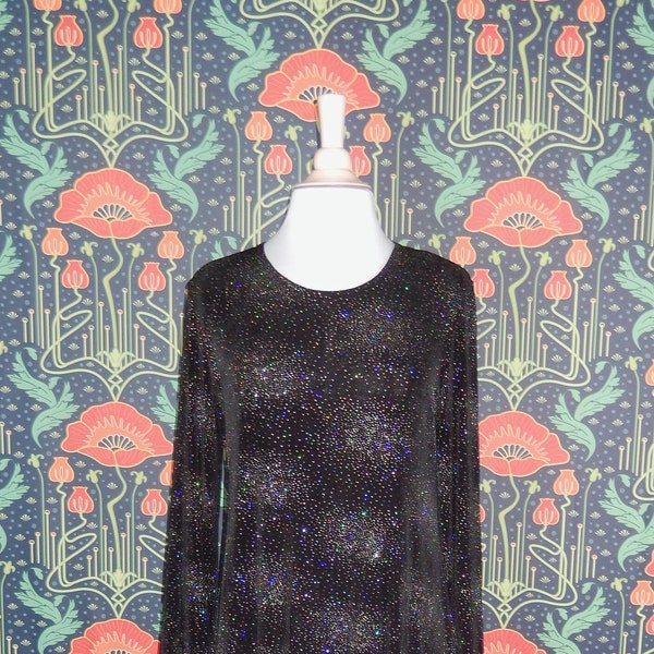 Vintage 90's Y2K Black Slinky Knit Rainbow Glitter Sparkly Long Sleeve Grunge Goth Sparkle Mini Swing Dress