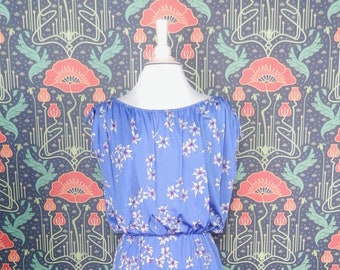 Vintage 70's 80's Hanae Mori Disco Hippie Blue Floral Jersey Knit Maxi Long Blouson Dress