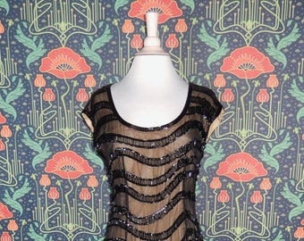 Vintage 80's 90's AJ Bari Black Silk Sheer Illusion Beaded Sequin Mini Dress
