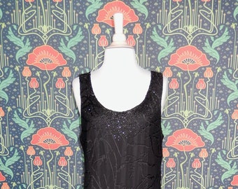Vintage 90's Y2K Black Whimigoth Art Deco Boho Devore Washed Silk Beaded Slip Dress