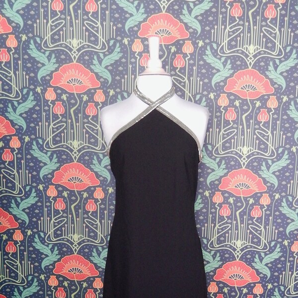 Vintage Y2K Black Sequin Beaded Halter Gown