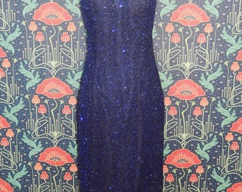 Vintage 90's Y2K Black Blue Beaded Beadwork Prom Homecoming Silk Dress