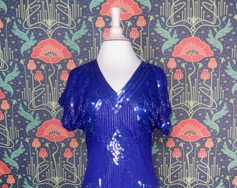 Vintage 80's Stenay Royal Blue Beaded Sequin Silk art Deco Cocktail Dress