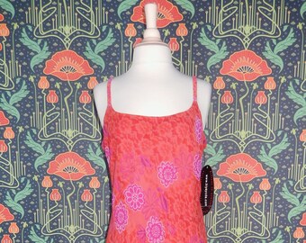 Vintage 90's Y2K Red Pink Lace Print Grunge Whimsigoth Midi Slip Dress 10