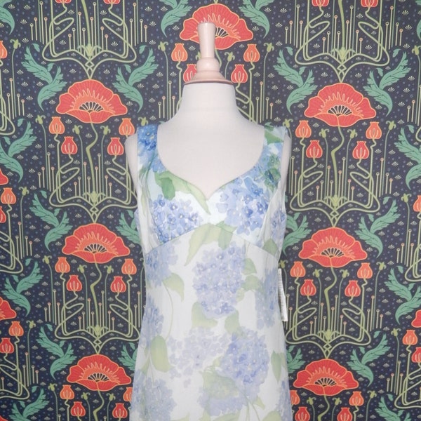 Vintage 90's Y2K Baby Blue Green Hydrangea Print Empire Waist Boho Romantic Whimsigoth Maxi Dress 10 Nwt