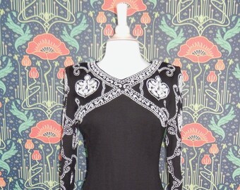 Vintage Vittadini 80's 90's Black White Knit Embroidered Baroque Beaded Pearl Sweater Dress