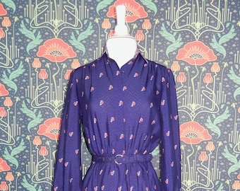 Vintage 70's 80's Blue Floral Lanvin Long Sleeve Secretary Dress
