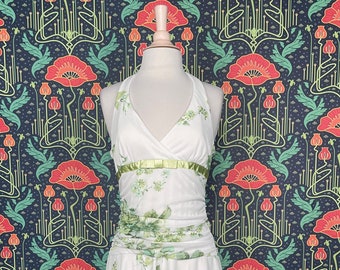 Vintage 90's Y2K White Green Floral Halter Asymmetrical Pointy Hem Fairycore Dress