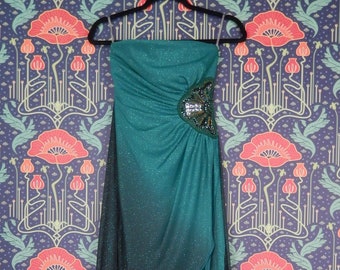 Vintage 90's Y2K Green Glitter Ombre Strapless Beaded High Low Party Club SATC Dress