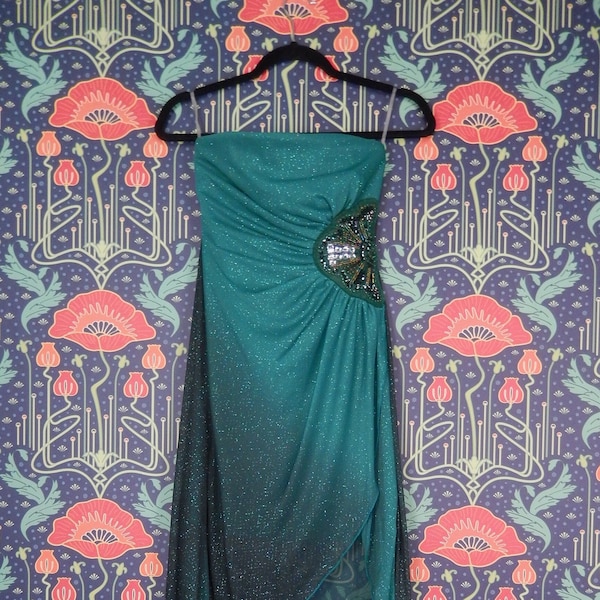 Vintage 90's Y2K Green Glitter Ombre Strapless Beaded High Low Party Club SATC Dress