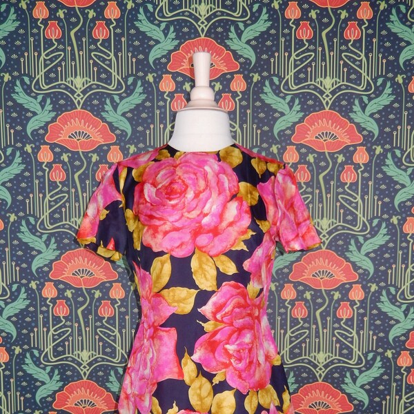 Vintage 60's Mod Hot Pink Navy Blue Floral Silk Shift Mini Dress S