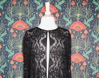 Vintage 90's Y2K Black Sheer Silk Sequin Heavily Beaded Goth Evening Whimsigoth Evening Boho Blouse Top