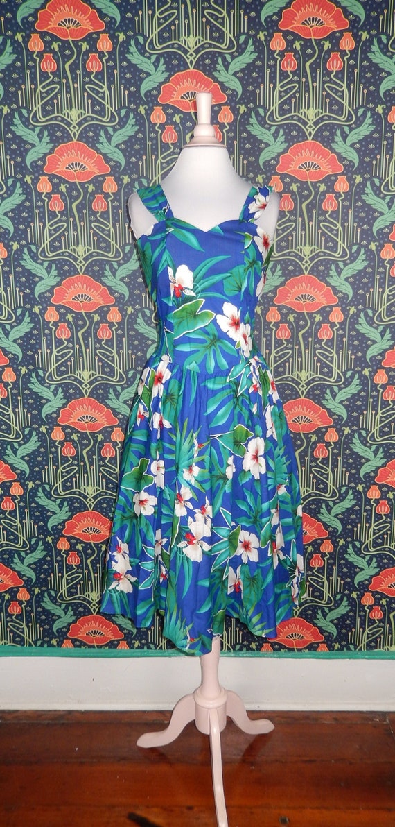 Vintage 80's Blue Green Hawaiian Print Fit & Flare