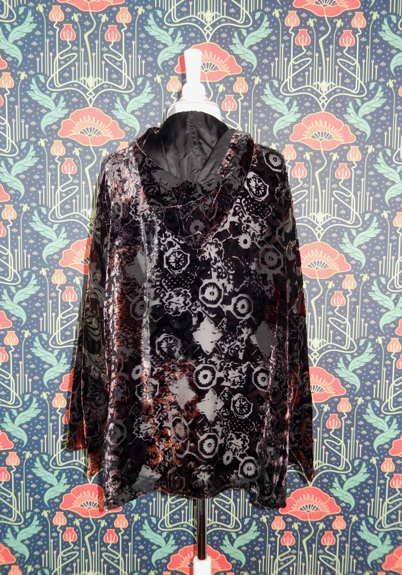 Vintage 90's Y2K Devore Burn Out Sheer Velvet Whimsigoth Grunge Hoodie Top M/L image 6